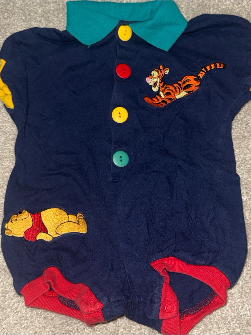 Vintage Navy Blue Kids One-Piece Bodysuit with Winnie the Pooh Embroidery